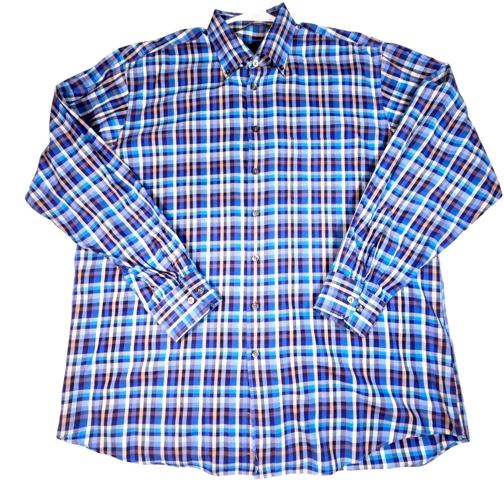 Scott Barber‎ Mens XL Blue Plaid Button Down Shirt Long Sleeve 100% Cotton